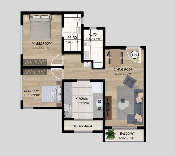 Floor plan of 2 BHK 745 Sq. Ft. Apartment in Rudrik Visava, Thane