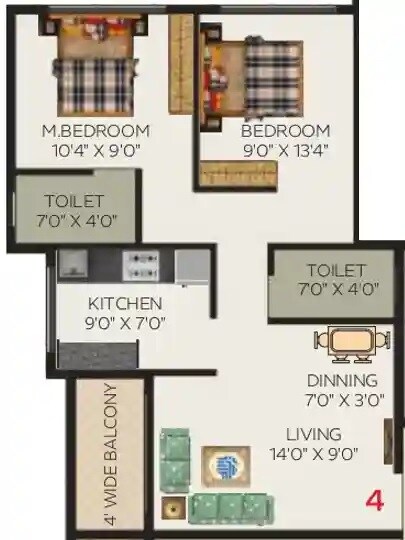 Floor plan of 2 BHK 558 Sq. Ft. Apartment in Rugi Colonia, Thane