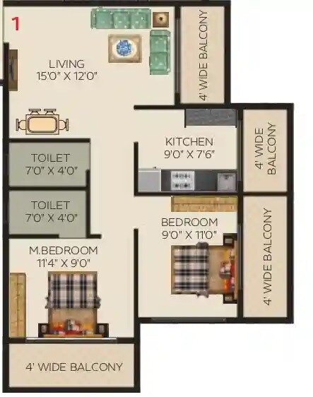 Floor plan of 2 BHK 703 Sq. Ft. Apartment in Rugi Colonia, Thane