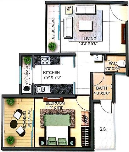 Floor plan of 1 BHK 433 Sq. Ft. Apartment in Runwal Codename 612, Thane