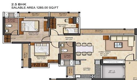 Floor plan of 3 BHK 1280 Sq. Ft. Apartment in Runwal Conch, Thane