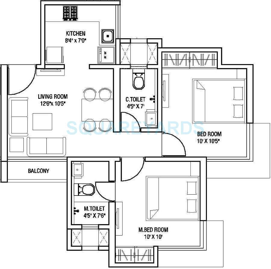 Floor plan of 2 BHK 568 Sq. Ft. Apartment in Runwal Eirene, Thane