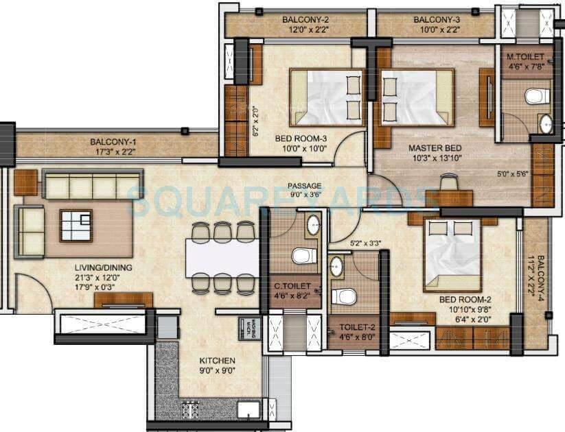 Floor plan of 3 BHK 1059 Sq. Ft. Apartment in Runwal Eirene, Thane