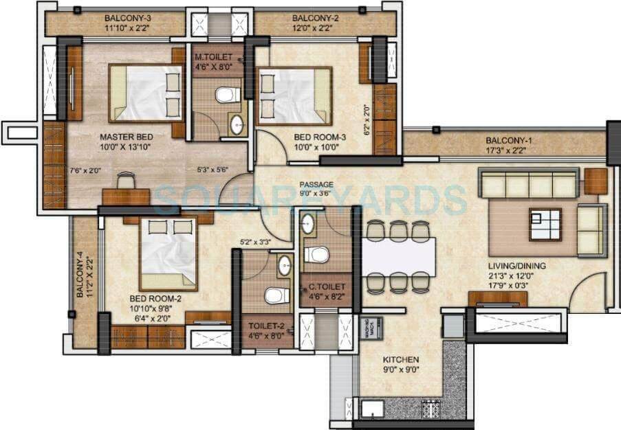 Floor plan of 3 BHK 1174 Sq. Ft. Apartment in Runwal Eirene, Thane