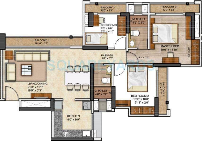 Floor plan of 3 BHK 958 Sq. Ft. Apartment in Runwal Eirene, Thane