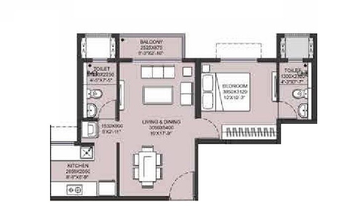 Floor plan of 1 BHK Apartment - 344 sq. ft. in Runwal Gardens Phase 3, Thane