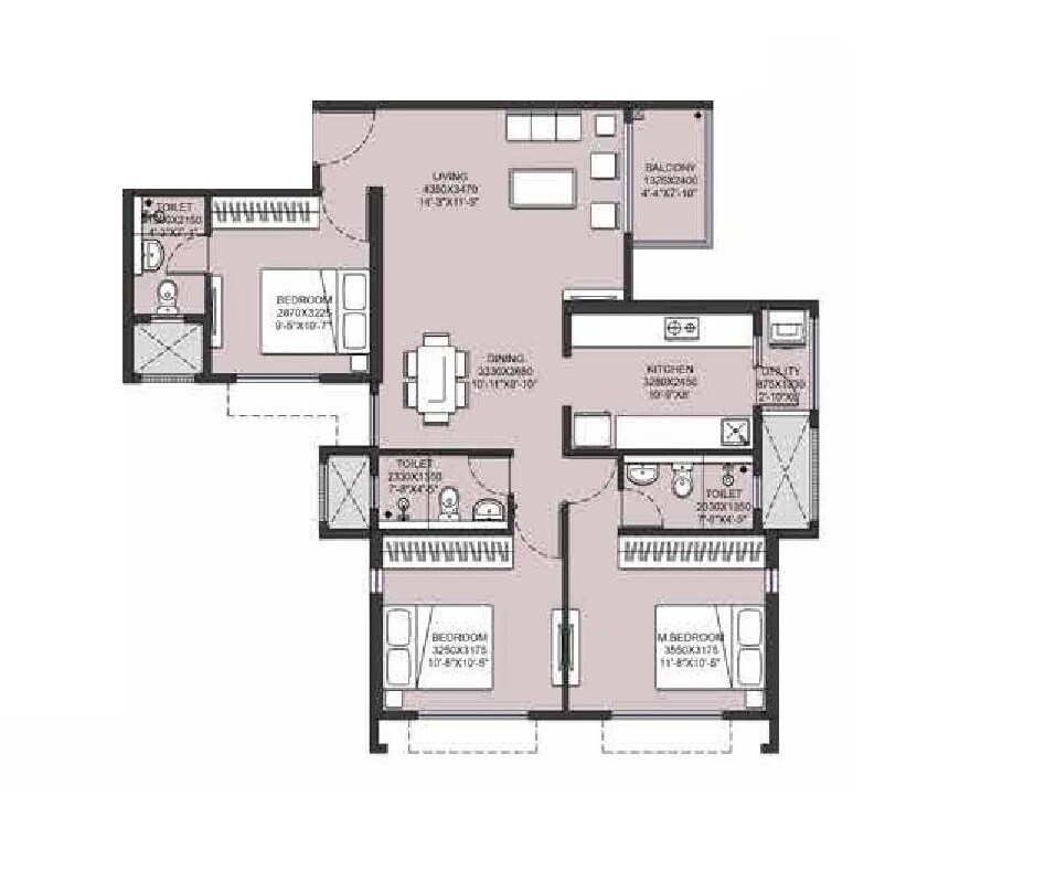 Floor plan of 3 BHK Apartment - 634 sq. ft. in Runwal Gardens Phase 3, Thane
