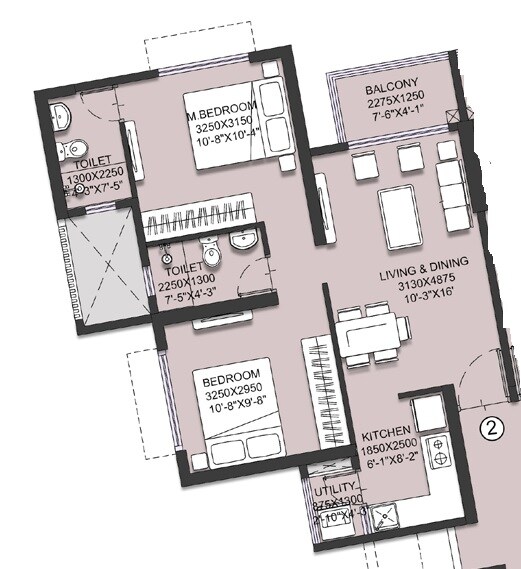 Floor plan of 2 BHK 622 Sq. Ft. Apartment in Runwal Gardens Phase I, Thane