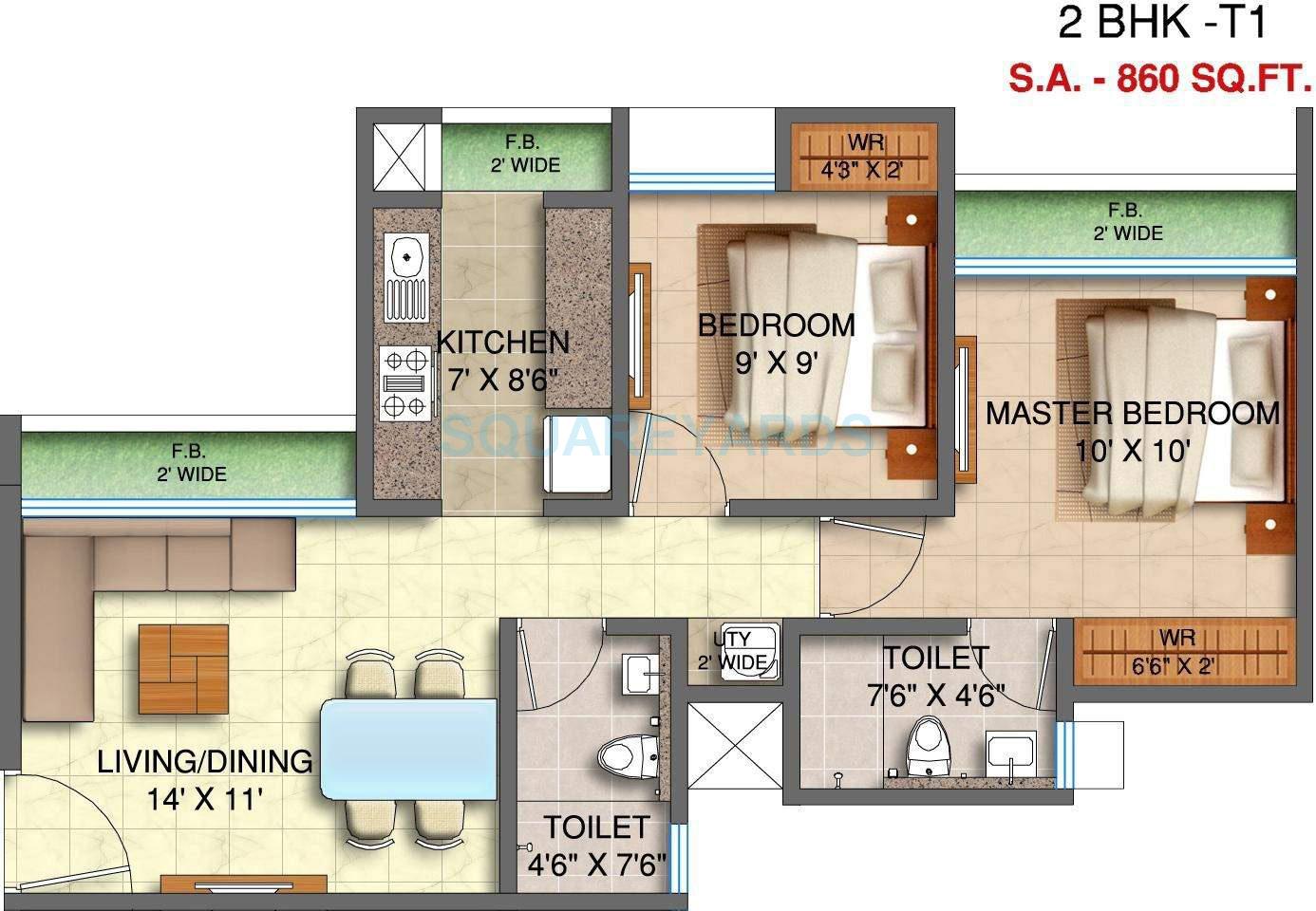 Floor plan of 2 BHK 860 Sq. Ft. Apartment in Runwal My Desire, Thane