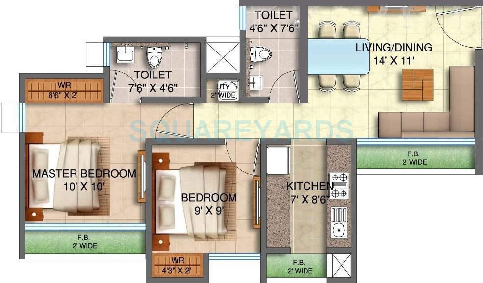 Floor plan of 2 BHK 870 Sq. Ft. Apartment in Runwal My Desire, Thane