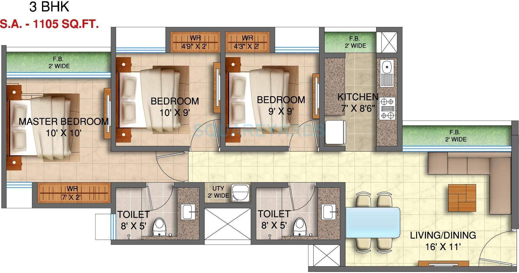 Floor plan of 3 BHK 1105 Sq. Ft. Apartment in Runwal My Desire, Thane