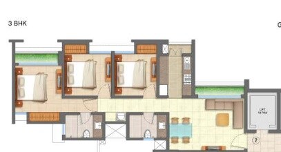 Floor plan of 3 BHK 1140 Sq. Ft. Apartment in Runwal My City Codename Walk, Thane