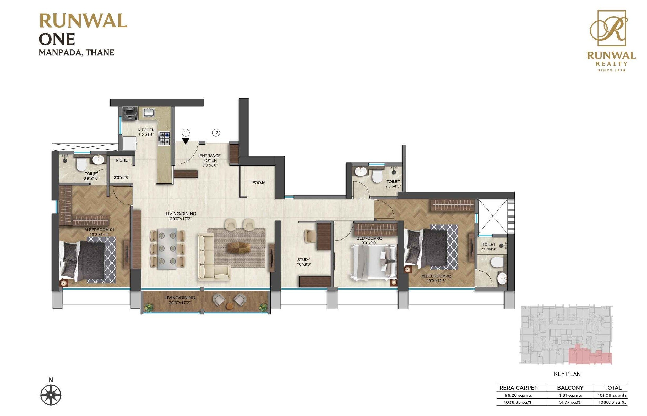 Floor plan of 3 BHK 1036 Sq. Ft. Apartment in Runwal One, Thane