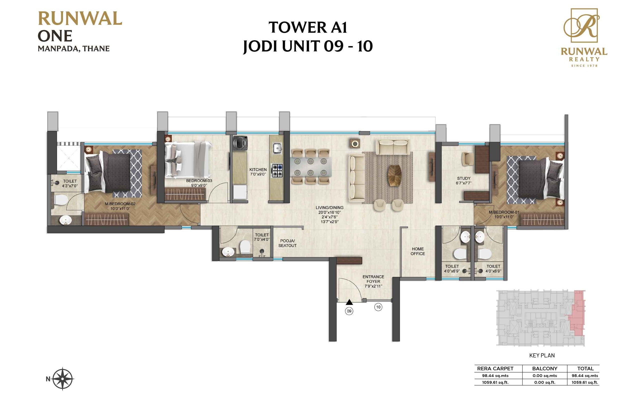 Floor plan of 3 BHK 1059 Sq. Ft. Apartment in Runwal One, Thane