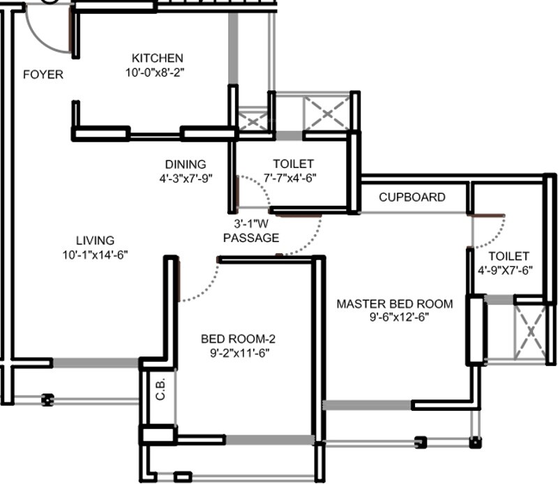Floor plan of 2 BHK 584 Sq. Ft. Apartment in Runwal Pearl, Thane