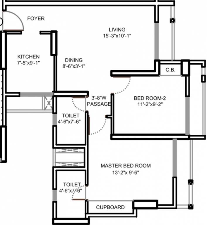 Floor plan of 2 BHK 717 Sq. Ft. Apartment in Runwal Pearl, Thane
