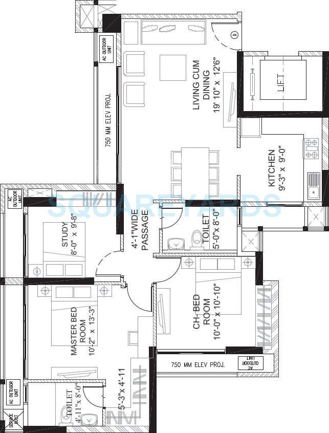 Floor plan of 2 BHK 710 Sq. Ft. Apartment in Runwal Pearl, Thane