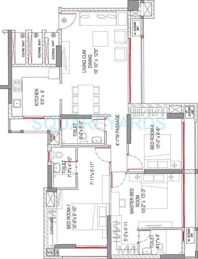 Floor plan of 3 BHK 746 Sq. Ft. Apartment in Runwal Pearl, Thane