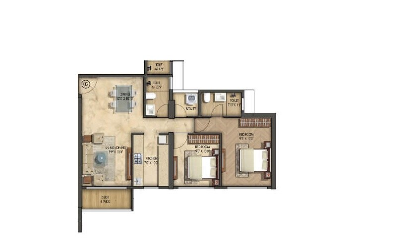 Floor plan of 2 BHK 1000 Sq. Ft. Apartment in Runwal Regency, Thane