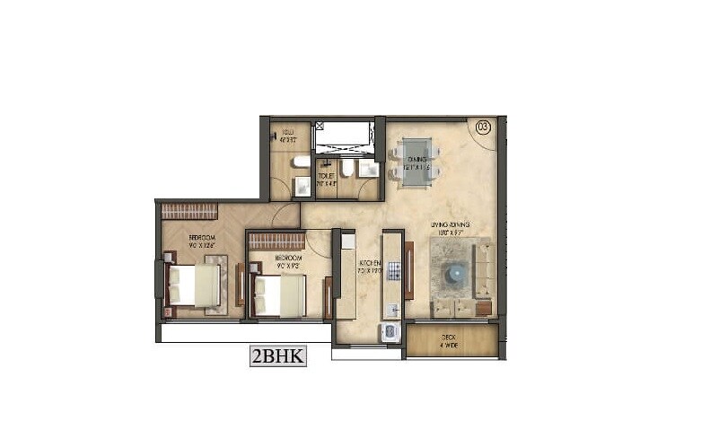 Floor plan of 2 BHK 813 Sq. Ft. Apartment in Runwal Regency, Thane