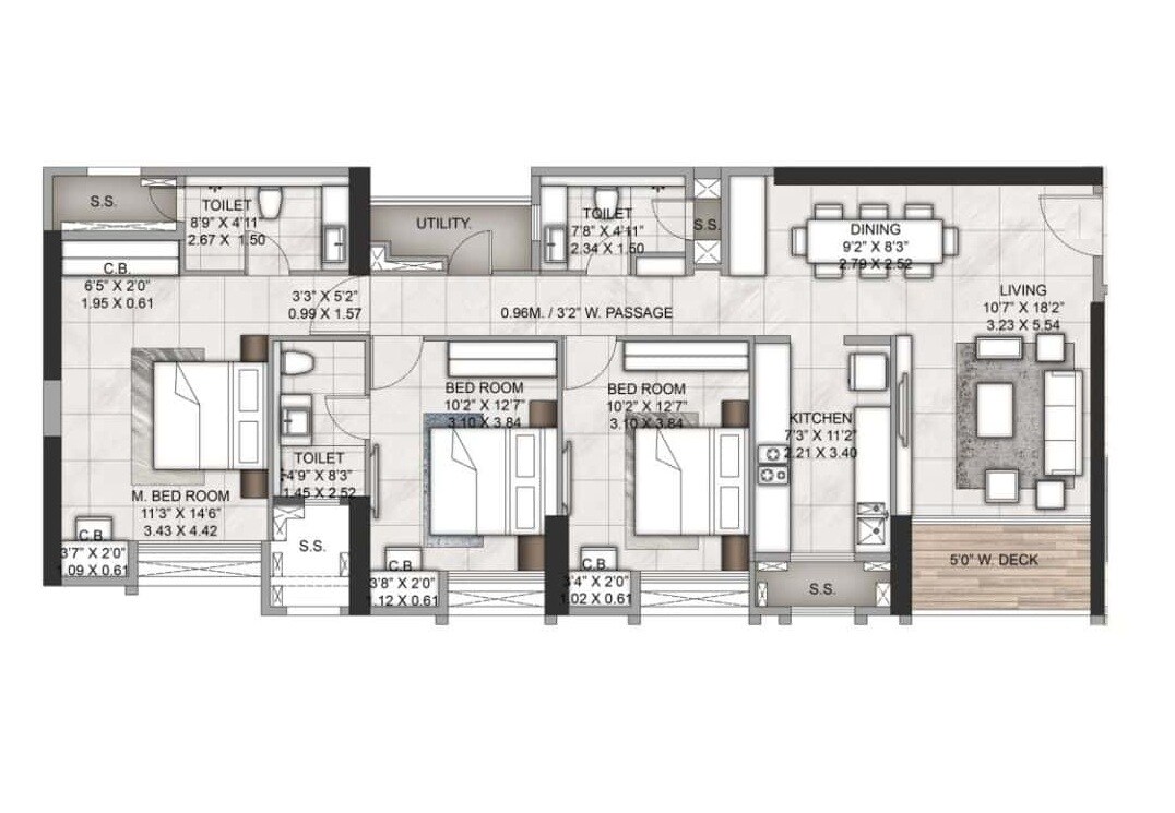 Floor plan of 3 BHK 1011 Sq. Ft. Apartment in Rustomjee Azziano Wing I, Thane