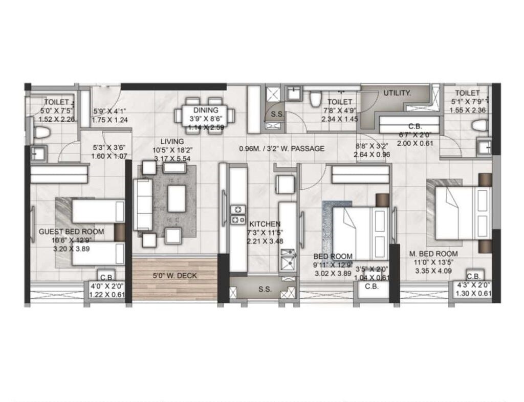 Floor plan of 3 BHK 1052 Sq. Ft. Apartment in Rustomjee Azziano Wing I, Thane
