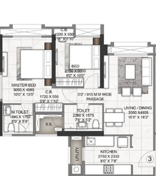 Floor plan of 2 BHK 624 Sq. Ft. Apartment in Rustomjee Azziano Wing K, Thane