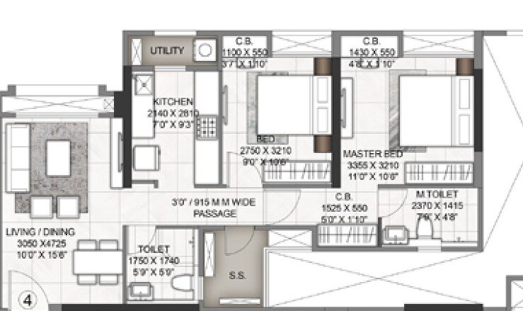 Floor plan of 2 BHK 653 Sq. Ft. Apartment in Rustomjee Azziano Wing K, Thane