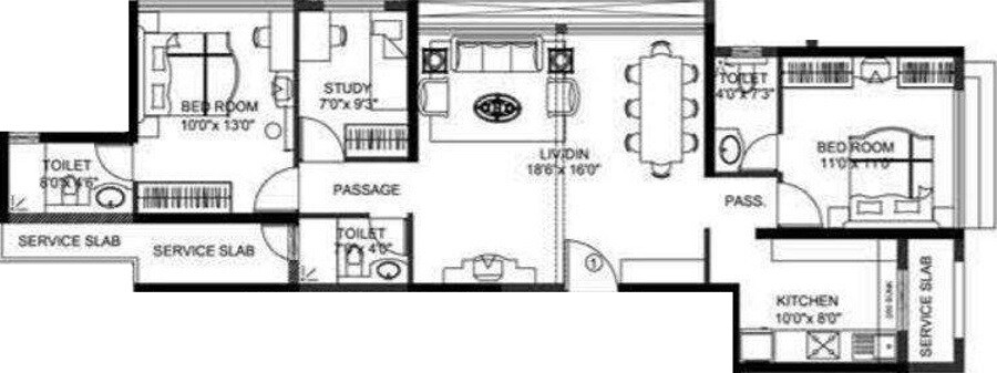 Floor plan of 2 BHK 1290 Sq. Ft. Apartment in Rustomjee Urbania Astraea, Thane
