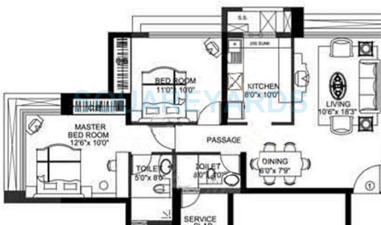 Floor plan of 2 BHK 1015 Sq. Ft. Apartment in Rustomjee Urbania Astraea, Thane