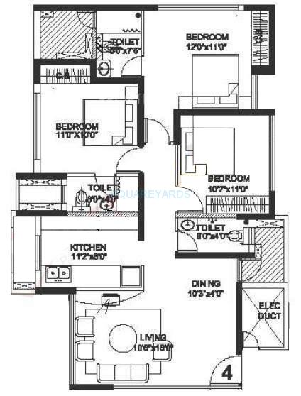 Floor plan of 3 BHK 1290 Sq. Ft. Apartment in Rustomjee Urbania Athena, Thane