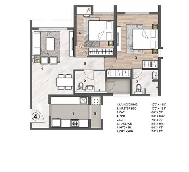Floor plan of 2 BHK 665 Sq. Ft. Apartment in Rustomjee Urbania Aurelia, Thane