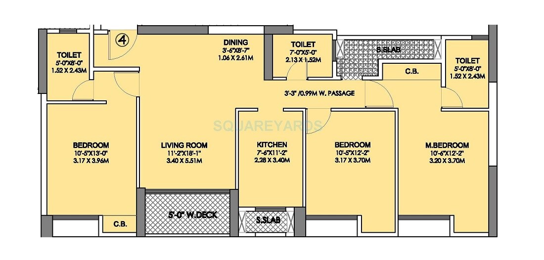 Floor plan of 3 BHK 1153 Sq. Ft. Apartment in Rustomjee Urbania Azziano, Thane