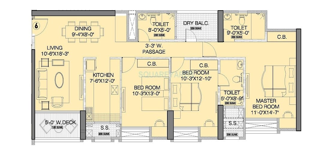 Floor plan of 3 BHK 1235 Sq. Ft. Apartment in Rustomjee Urbania Azziano, Thane