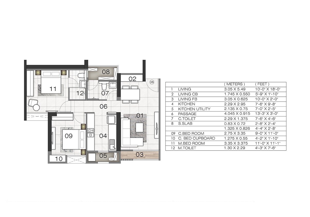 Floor plan of 2 BHK Apartment - 598 sq. ft. in Rustomjee Urbania Azziano L Wing, Thane