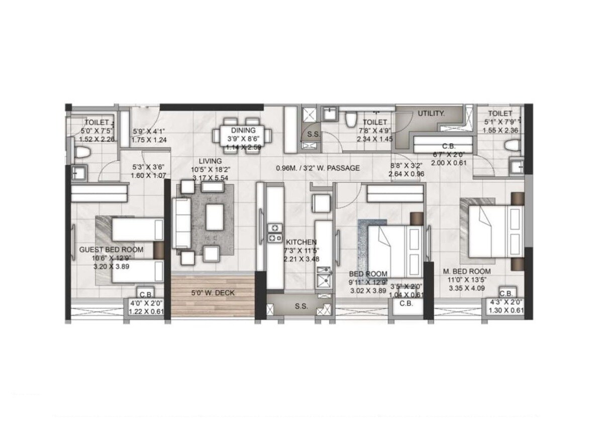 Floor plan of 3 BHK Apartment - 1153 sq. ft. in Rustomjee Urbania Azziano L Wing, Thane