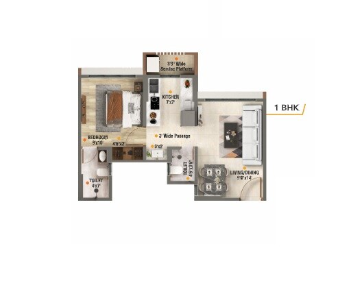 Floor plan of 1 BHK 386 Sq. Ft. Apartment in Rusttagi Aarambha, Thane
