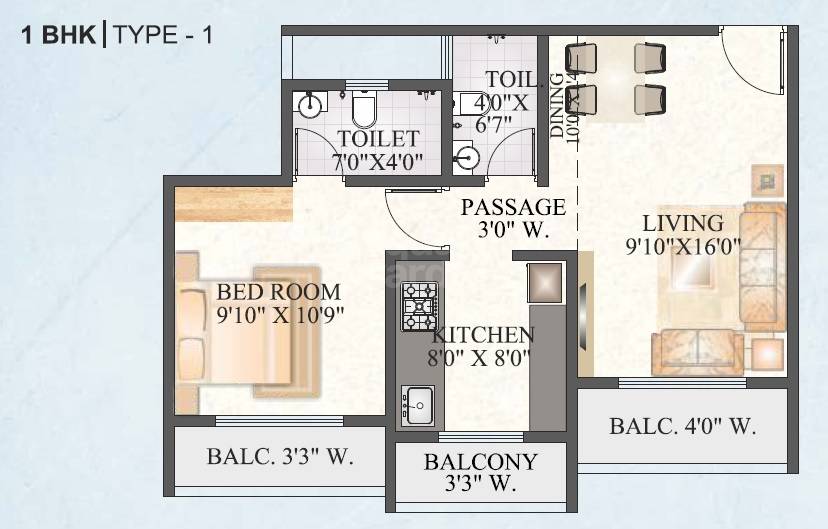 Floor plan of 1 BHK 566 Sq. Ft. Apartment in Rutu Apartments, Thane