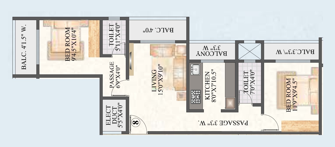 Floor plan of 2 BHK 711 Sq. Ft. Apartment in Rutu Apartments, Thane