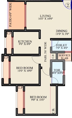 Floor plan of 2 BHK 643 Sq. Ft. Apartment in Rutu Riverview Classic, Thane