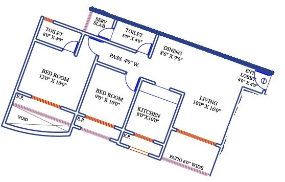 Floor plan of 2 BHK 651 Sq. Ft. Apartment in Rutu Riverview Classic, Thane