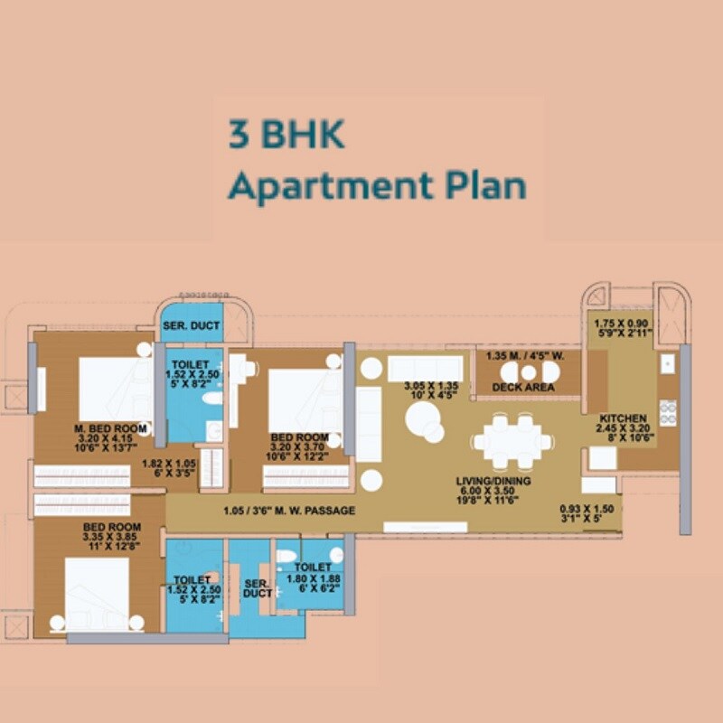 Floor plan of 3 BHK 1225 Sq. Ft. Apartment in Rutu Samruddhi, Thane