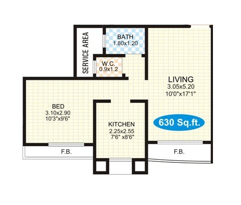 Floor plan of 1 BHK 630 Sq. Ft. Apartment in S D Bhalerao Prity Park, Thane