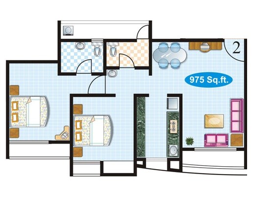 Floor plan of 2 BHK 975 Sq. Ft. Apartment in S D Bhalerao Prity Park, Thane