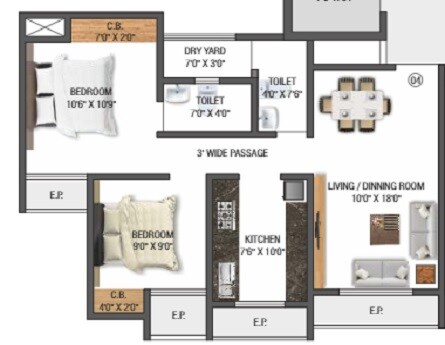 Floor plan of 2 BHK 579 Sq. Ft. Apartment in S M Hatkesh Heights, Thane