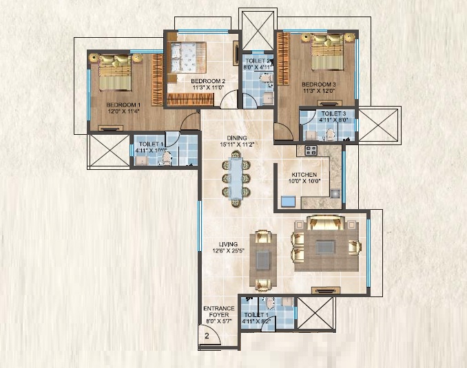 3 BHK 1206 Sq. Ft. Apartment in Sabari Horizon