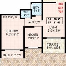 Floor plan of 1 BHK 355 Sq. Ft. Apartment in Sadguru Harmony, Thane