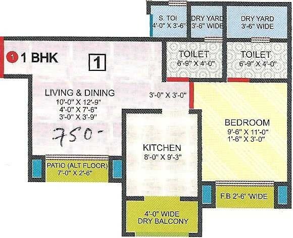 Floor plan of 1 BHK 750 Sq. Ft. Apartment in Sadguru Laxmi Heaven, Thane