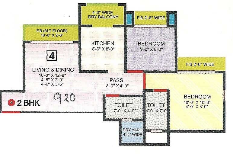 Floor plan of 2 BHK 920 Sq. Ft. Apartment in Sadguru Laxmi Heaven, Thane