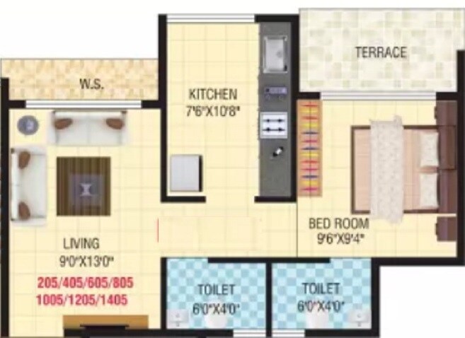 Floor plan of 1 BHK 366 Sq. Ft. Apartment in Sadguru Nakshtra Phase I, Thane